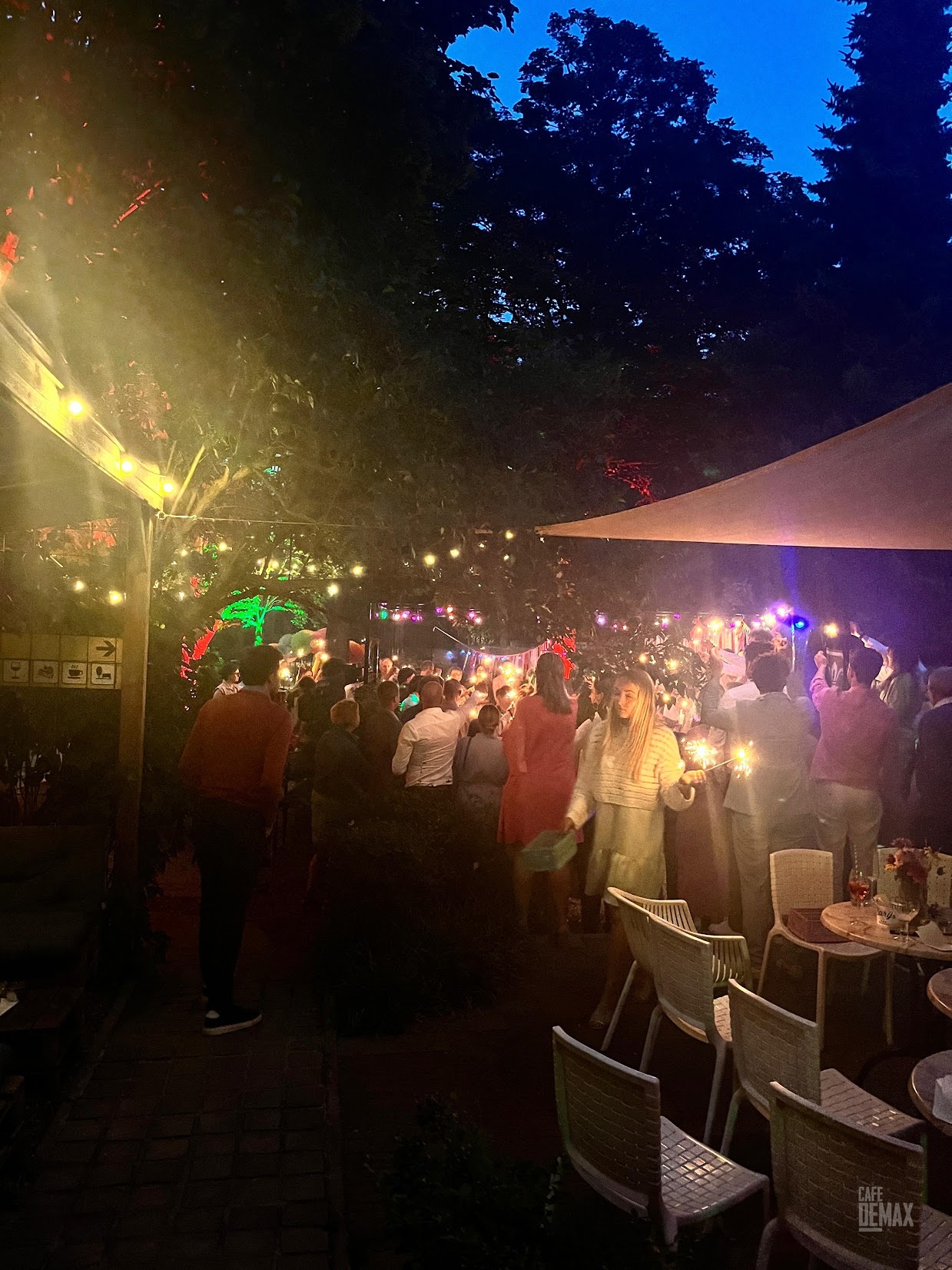 Feestende gasten in de tuin van Café De Max
