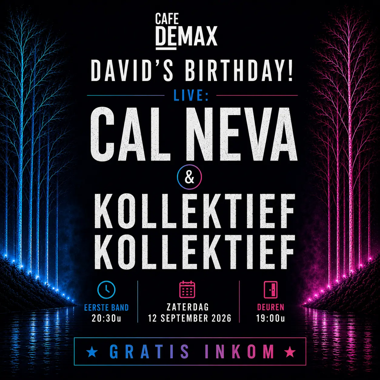Affiche David's Birthday met live optreden van Cal Neva en Kollektief Kollektief in Café De Max op zaterdag 12 september 2026