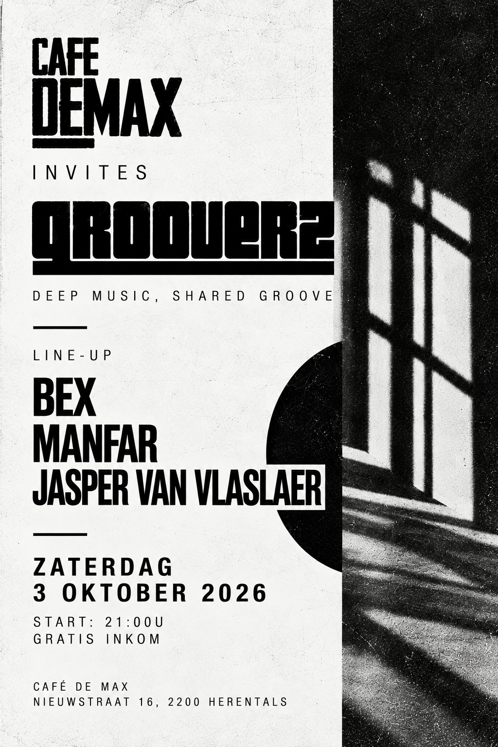 Affiche Grooverz met Bex, Manfar en Jasper Van Vlaslaer in Café De Max op zaterdag 3 oktober 2026